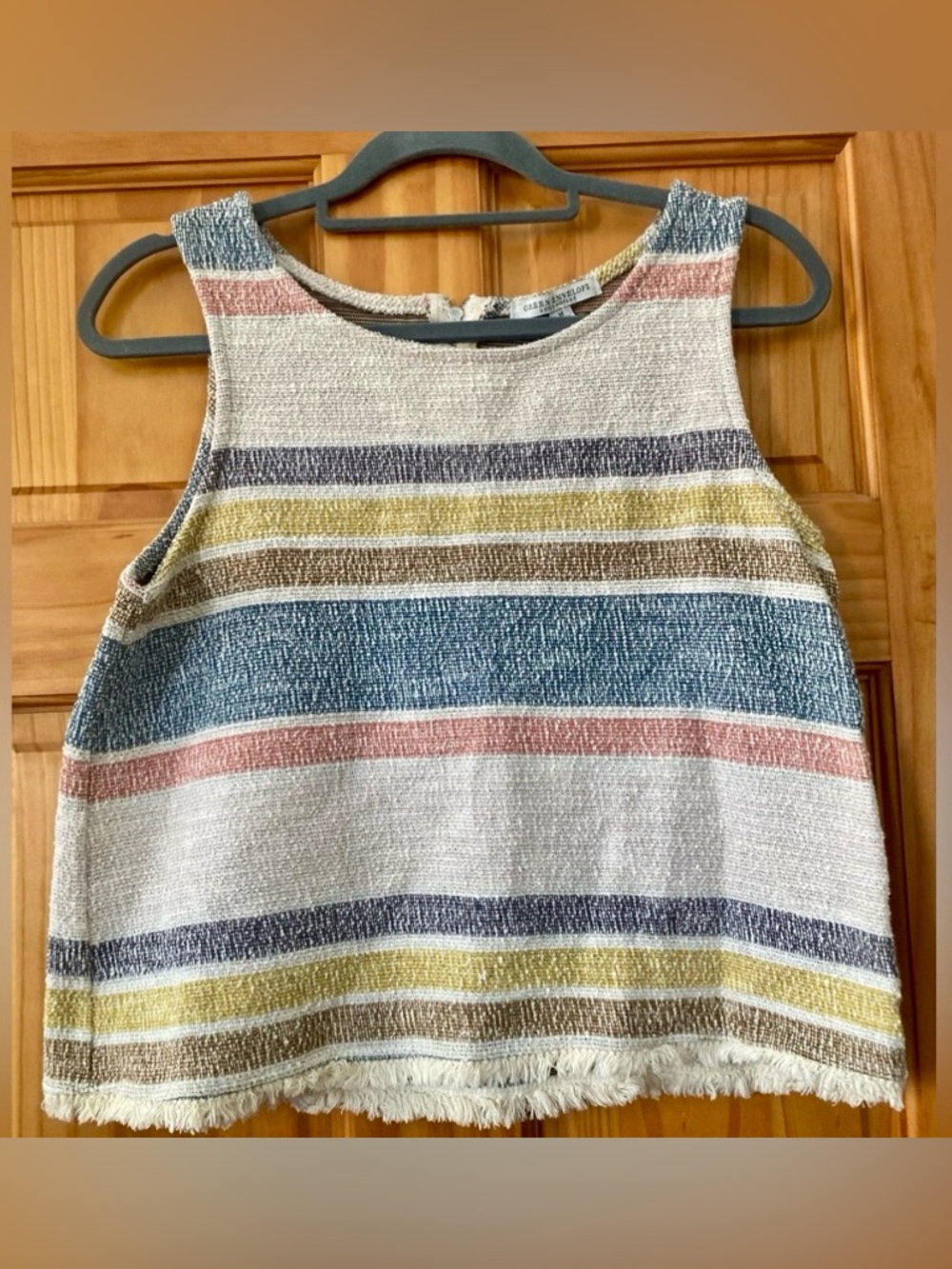 Green Envelope LA Textured Stripe Fringe Hem Tank Top Coastal Boho Made USA M